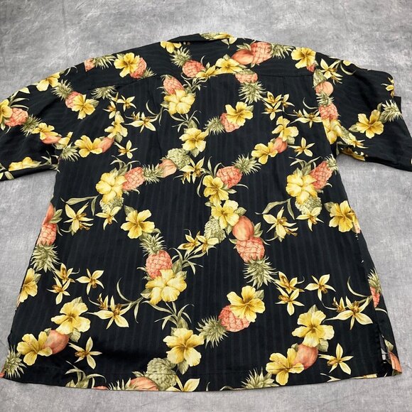 Tommy Bahama Shirt Men Large Black Gold Peach Pineapple Orchid Aloha Tropical - Picture 8 of 9